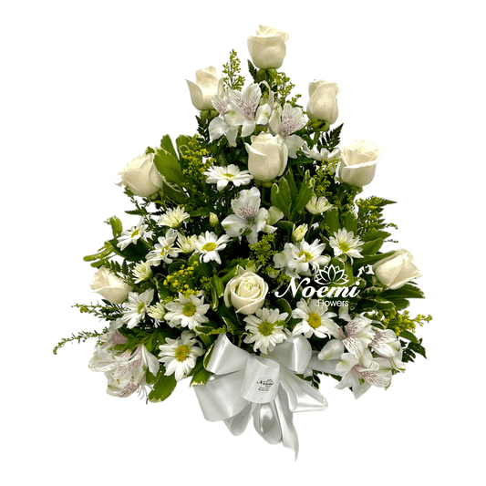 Arreglo Funeral Eternidad confeccionado de rosas, astromelias, margaritas y follaje variado - Floristería Noemi Flowers.
