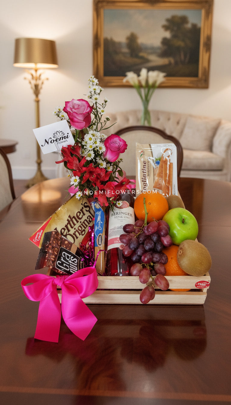 Arreglo de frutas con vino snacks y flores - Floristería Noemi Flowers