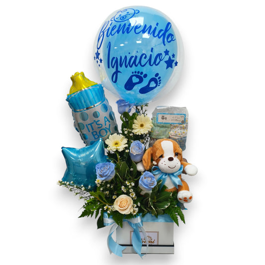 Confeccionado con rosas, gerberas, peluche, regalo para el bebe, 2 globos metálicos de 9" y 1 globo burbuja personalizado - Floristería Noemi Flowers.