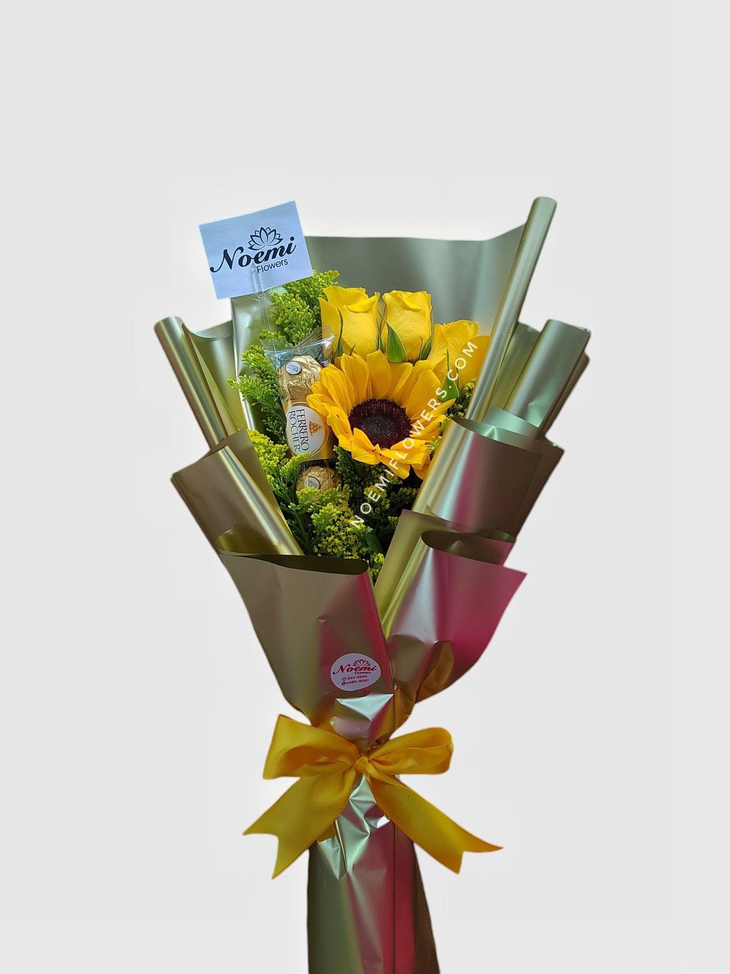 Bouquet de rosas amarillas girasol y chocolates - Floristería Noemi Flowers