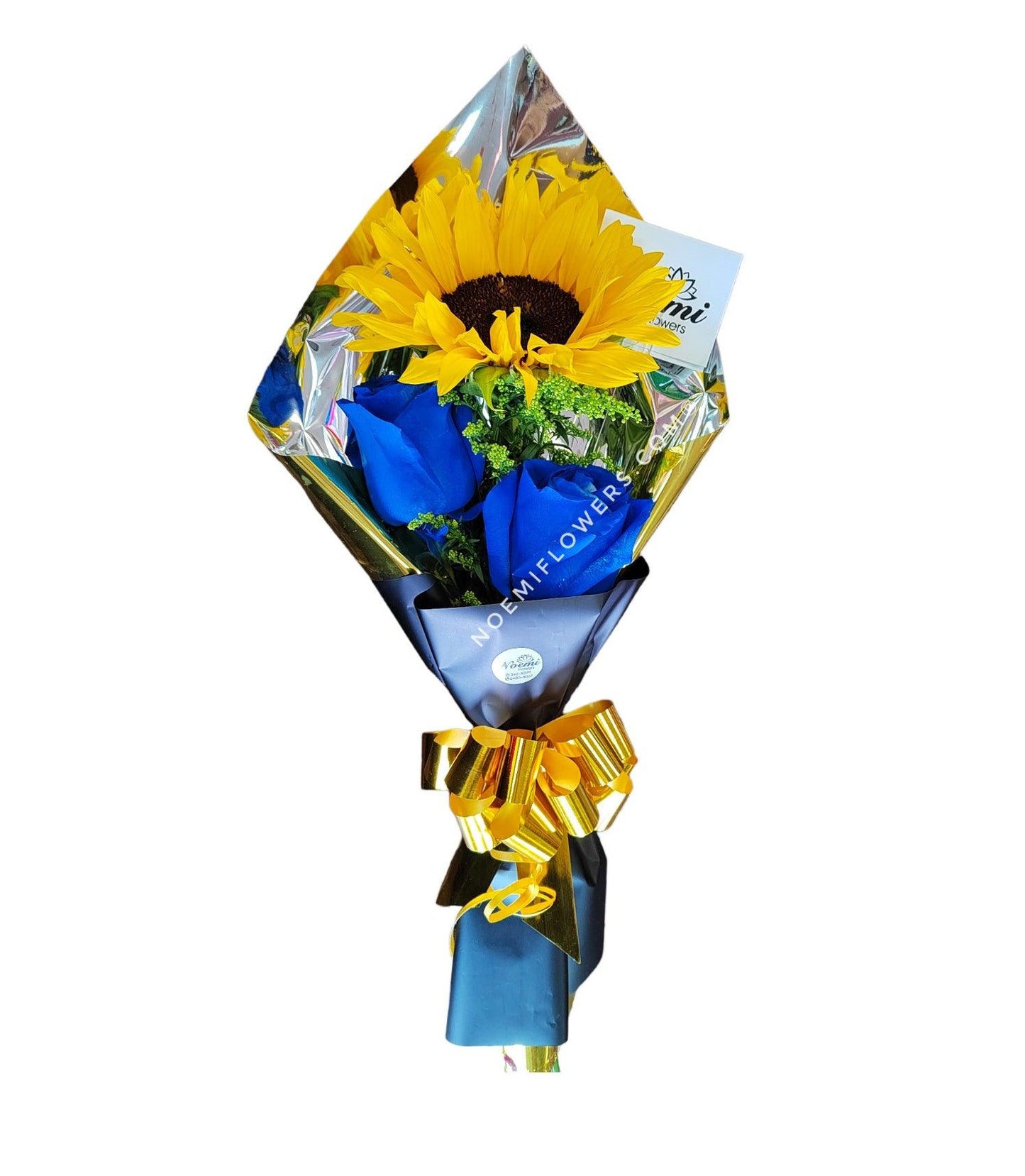 Bouquet de 2 rosas azules y 1 Girasol - Floristería Noemi Flowers