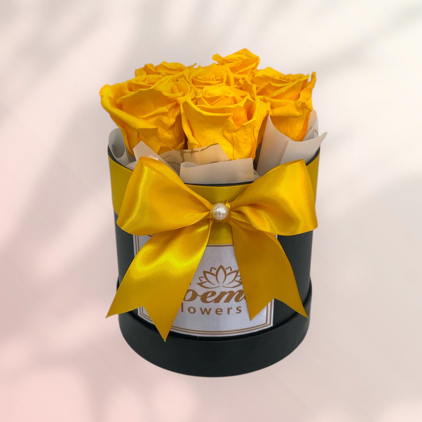 Caja de 6 rosas amarillas preservadas con lazo decorativo de satin