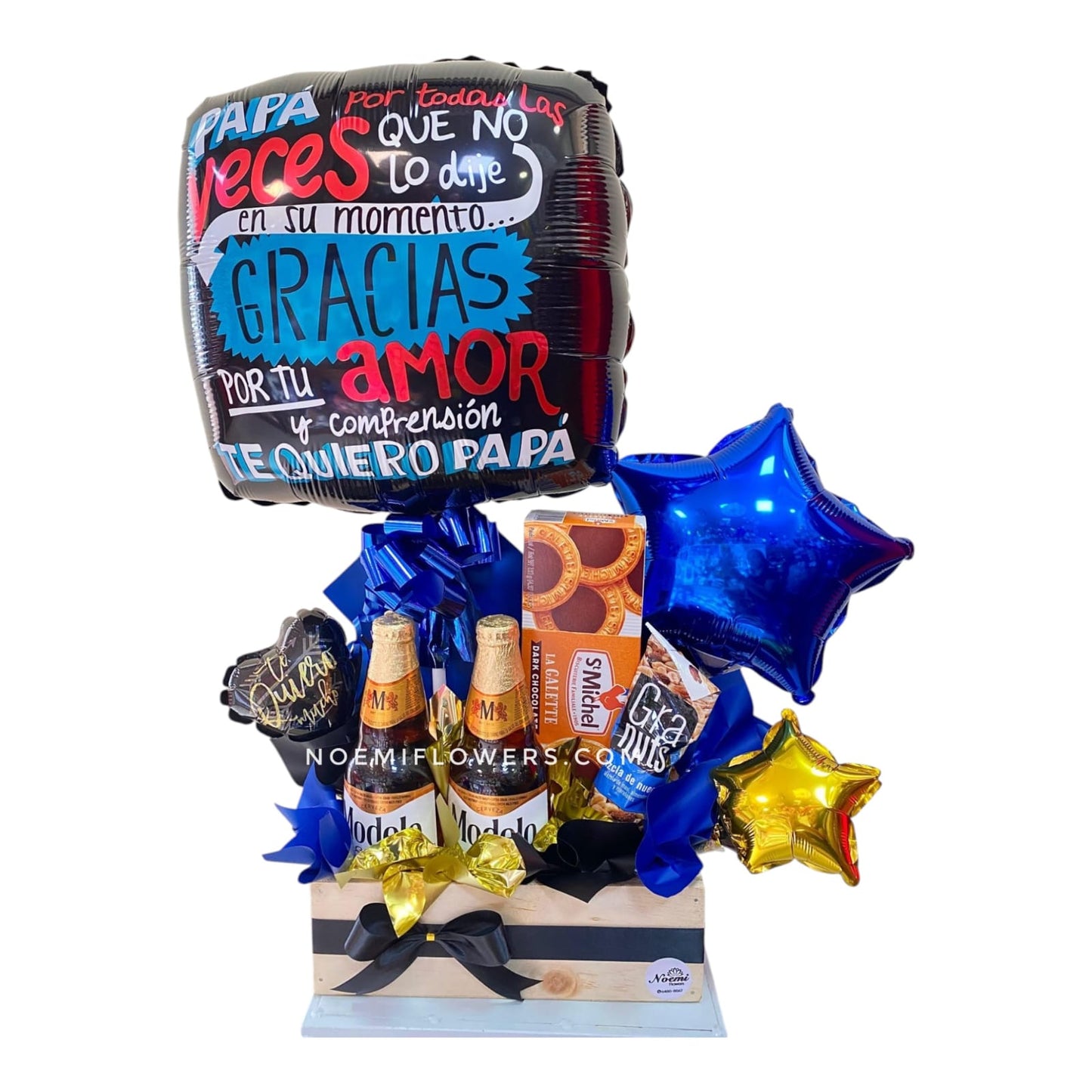 Arreglo para caballero acompañado por cerveza, galleta, nueces y globos en caja de madera -Floristería Noemi Flowers.