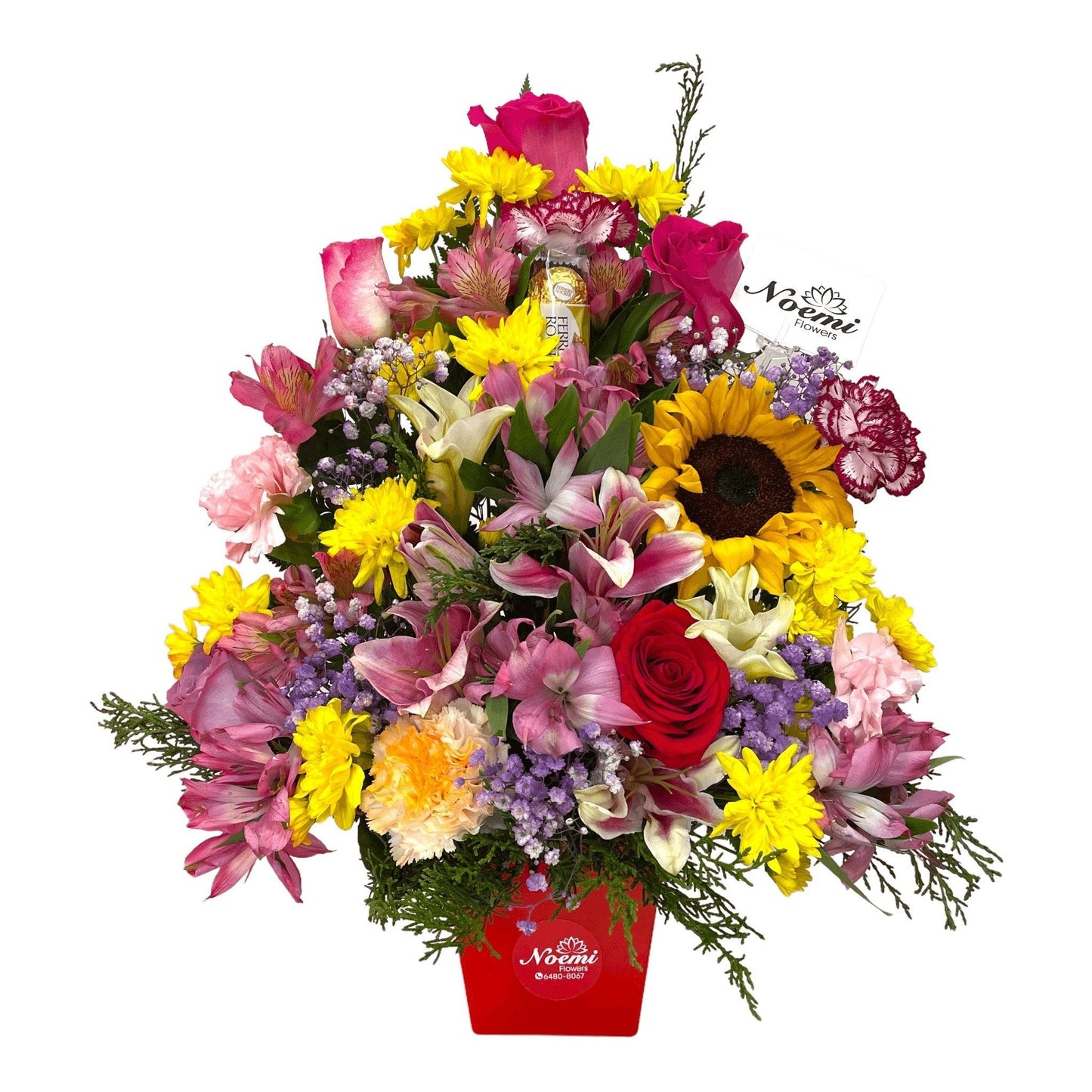 Arreglo Floral variado rosas claveles girasol lirios - Floristería Noemi Flowers