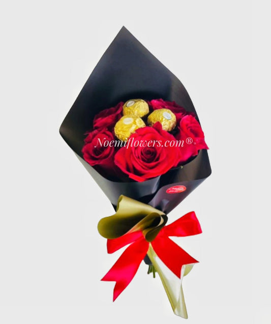 Bouquet de rosas rojas y bombones Ferrero Rocher