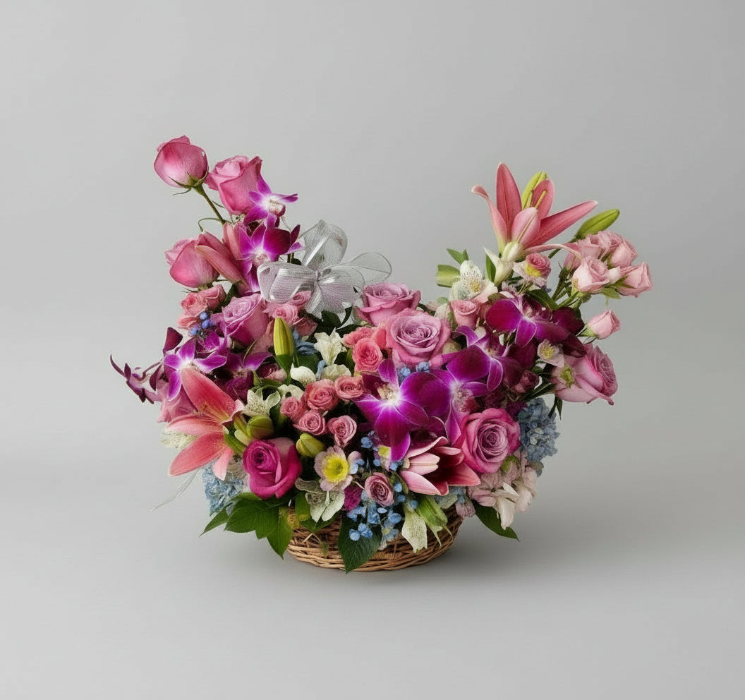 Hermosas rosas mini rosas lirios y orquideas en canasta de mimbre - Floristería Noemi Flowers