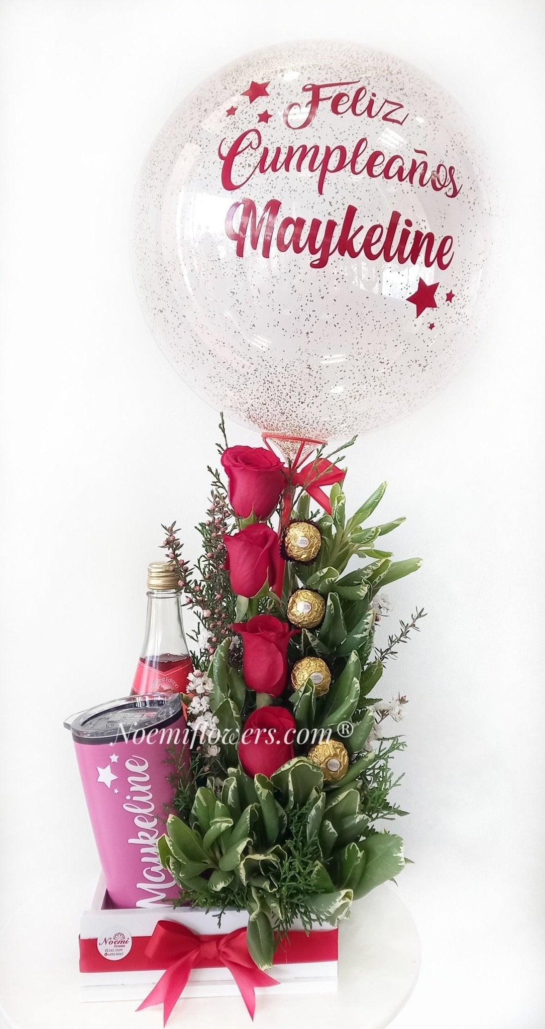 Virtuosa contiene termo, sidra sin alcohol, rosas rosas, chocolate y globo - Floristería Noemi Flowers