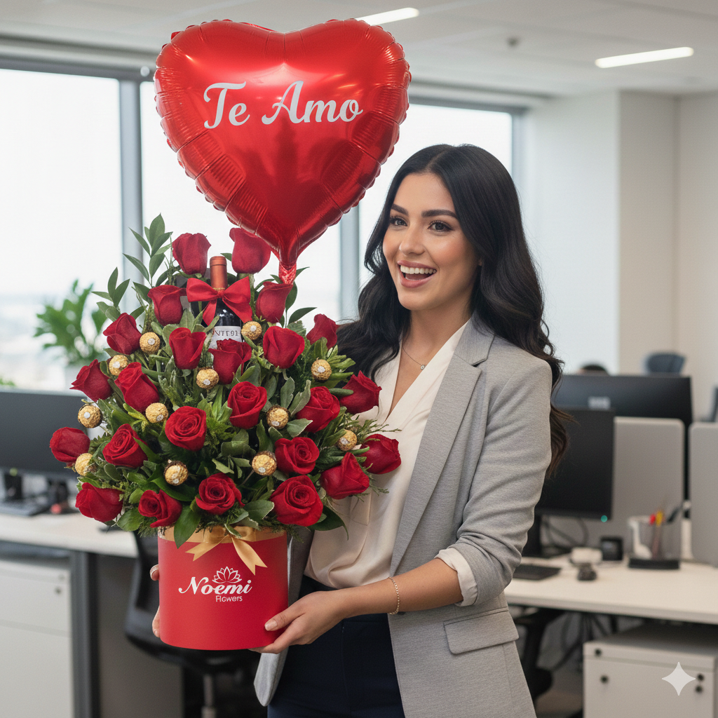 Dama con Arreglo de Rosas rojas Chocolates Vino y Globo Te Amo