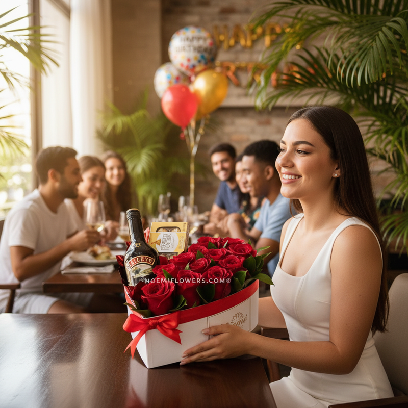 Mujer recibiendo caja de rosas rosas y globo con chocolates en su cumpleaños