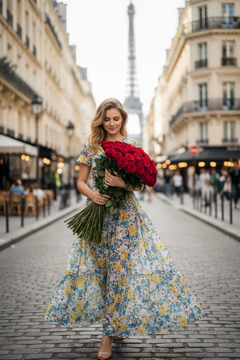 Mujer hermosa caminando en Paris con un ramo de rosas rojas premium