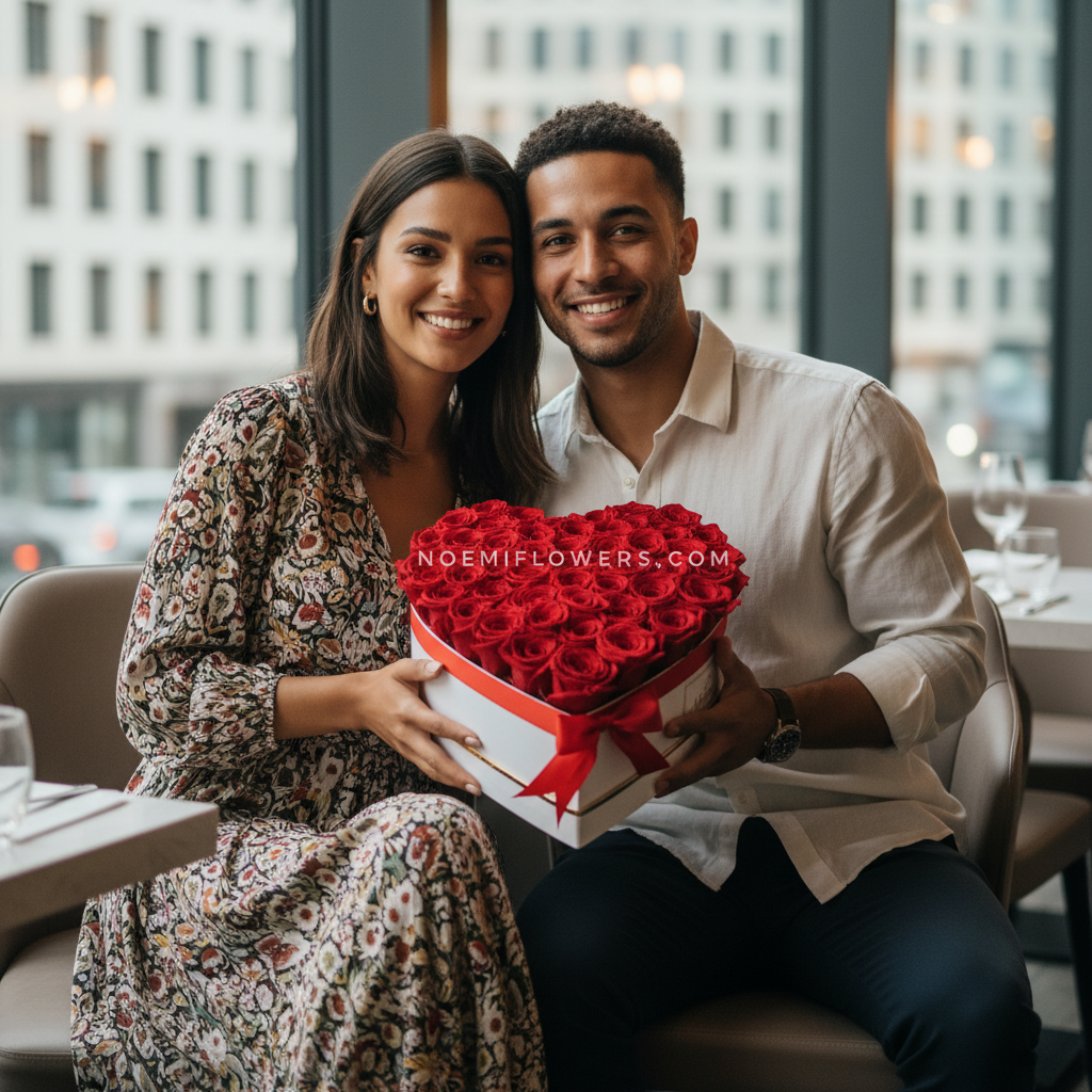Pareja de jovenes sonriendo sosteniendo una caja en forma de corazon con rosas rojas