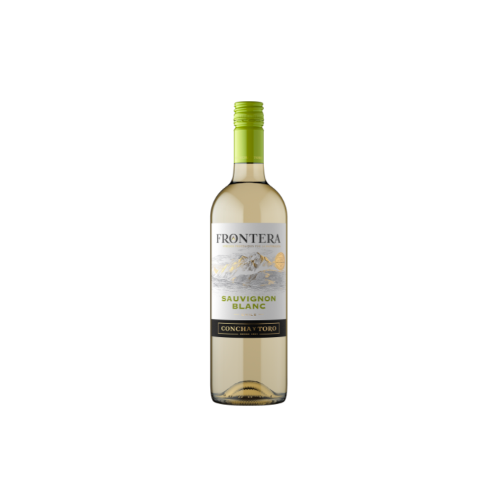 Botella de vino Frontera de 750 ml, con etiqueta brillante y colorida, en una mesa de madera.