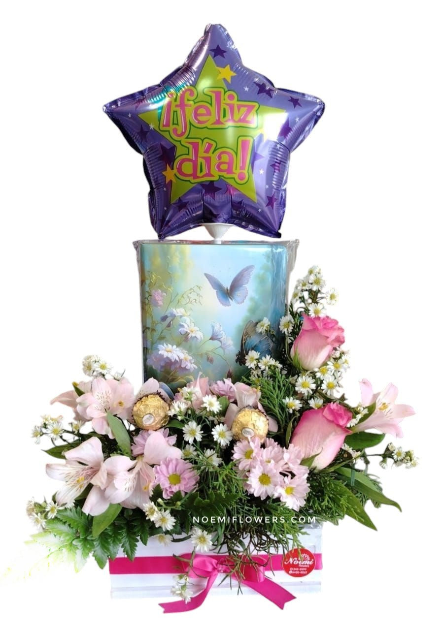 Hermoso jardin de flores con bombones de chocolates, globo  y notas - Floristería Noemi Flowers