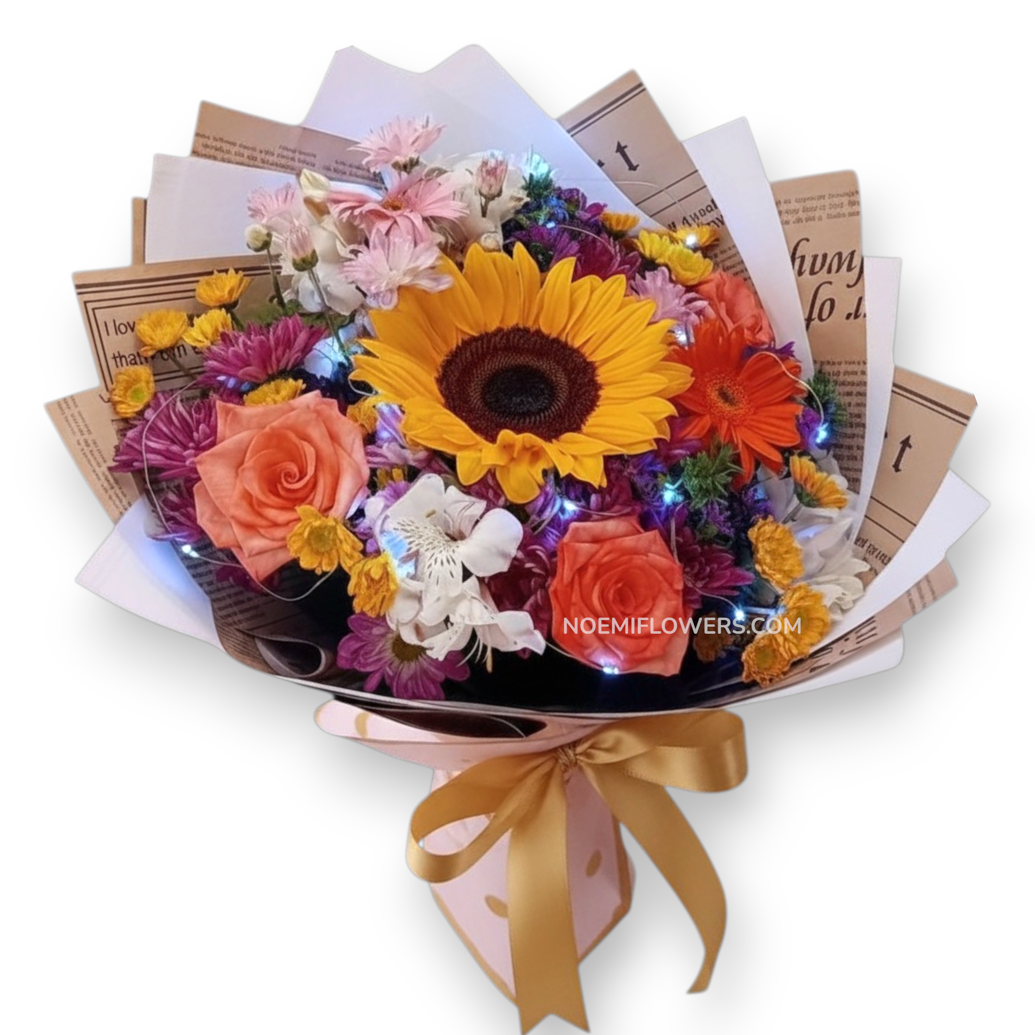 Bouquet confeccionado con girasol, rosas, astromelia, gerberas, margaritas y luces -  Floristería Noemi Flowers. 