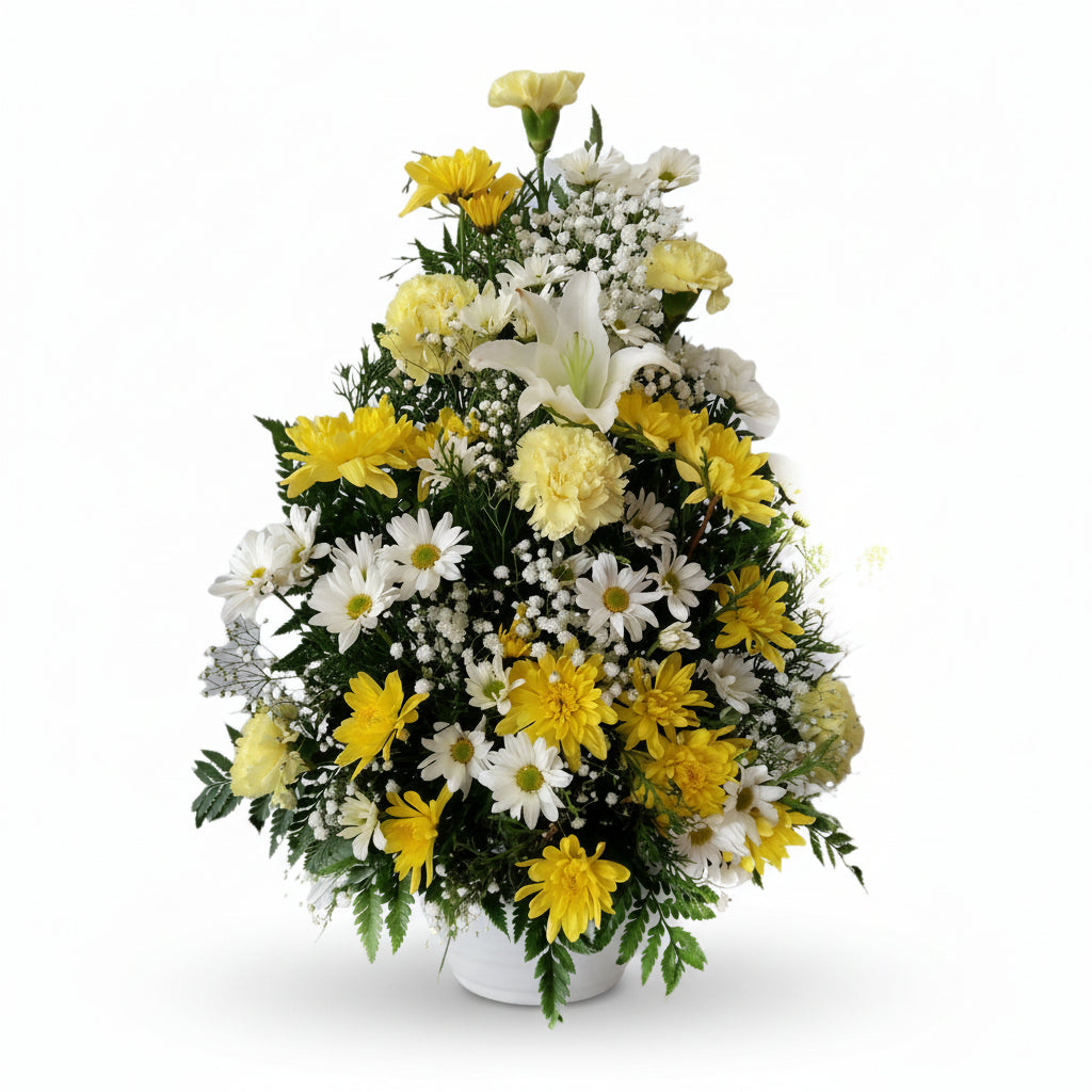 Arreglo Funeral con claveles amarillos crisantemos y lirio- Floristería Noemi Flowers