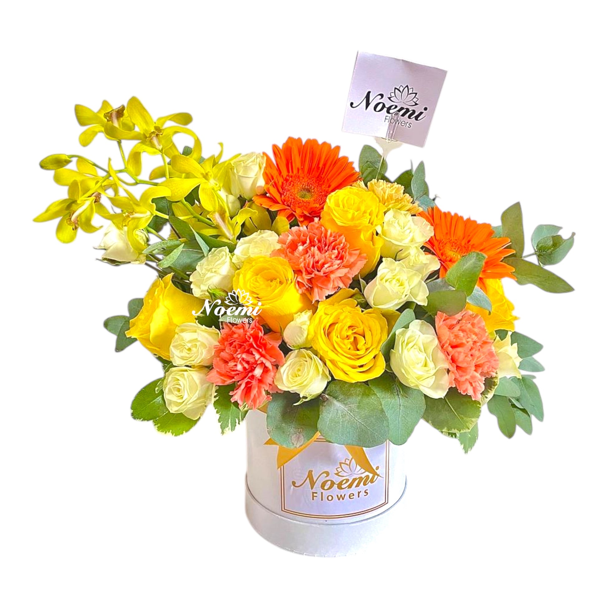 Caja con rosas, gerberas y follaje