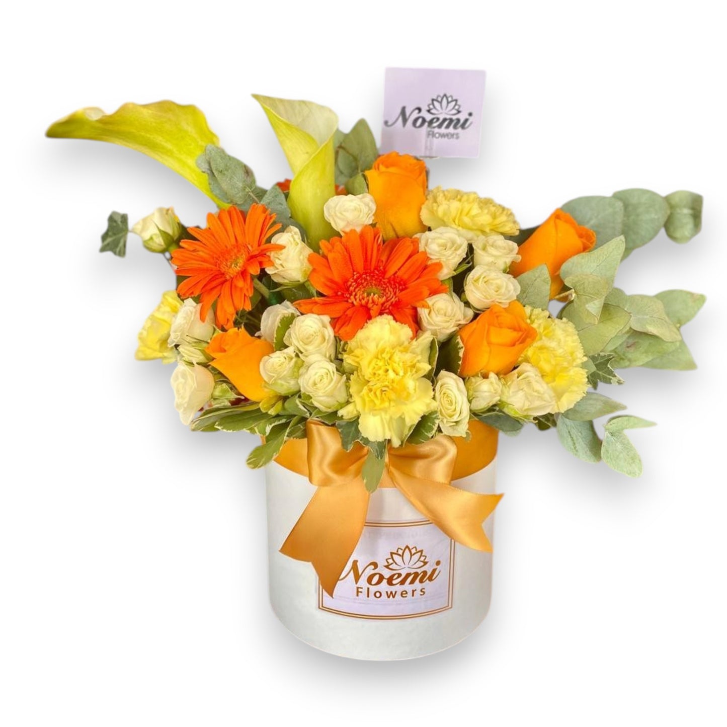 Caja con rosas, gerberas, mini rosas, claveles, cala y eucalipto - Floristería Noemi Flowers.
