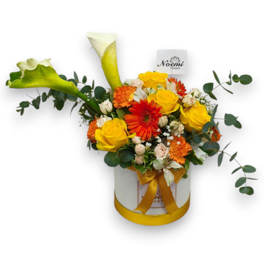 Caja con rosas, gerberas, mini rosas, claveles, cala y eucalipto - Floristería Noemi Flowers.