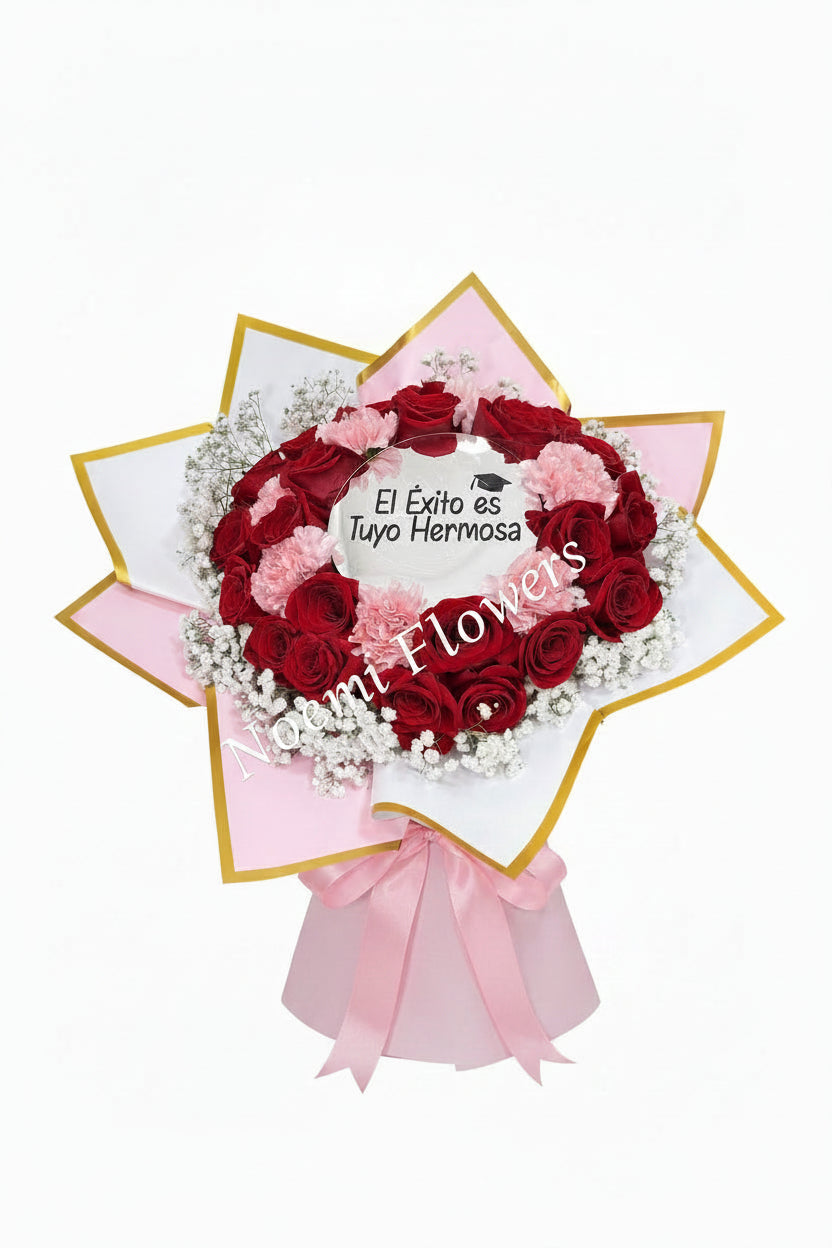 Bouquet de rosas y claveles con espejo y texto personalizado - Floristeria Noemi Flowers