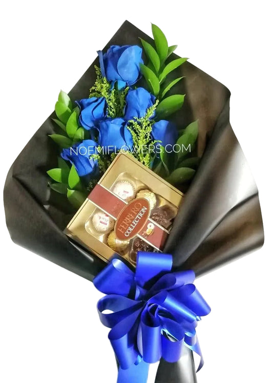 Bouquet de rosas Azules con caja de Ferrero Rocher - Floristería Noemi Flowers