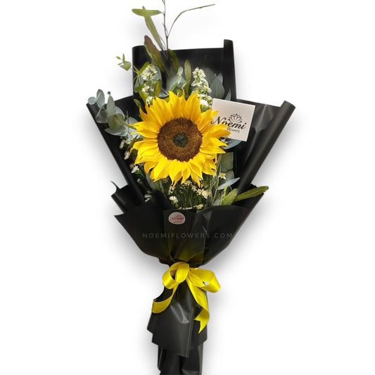 Bouquet 1 Girasol  con eucalipto y papel decorativo - Floristería Noemi Flowers