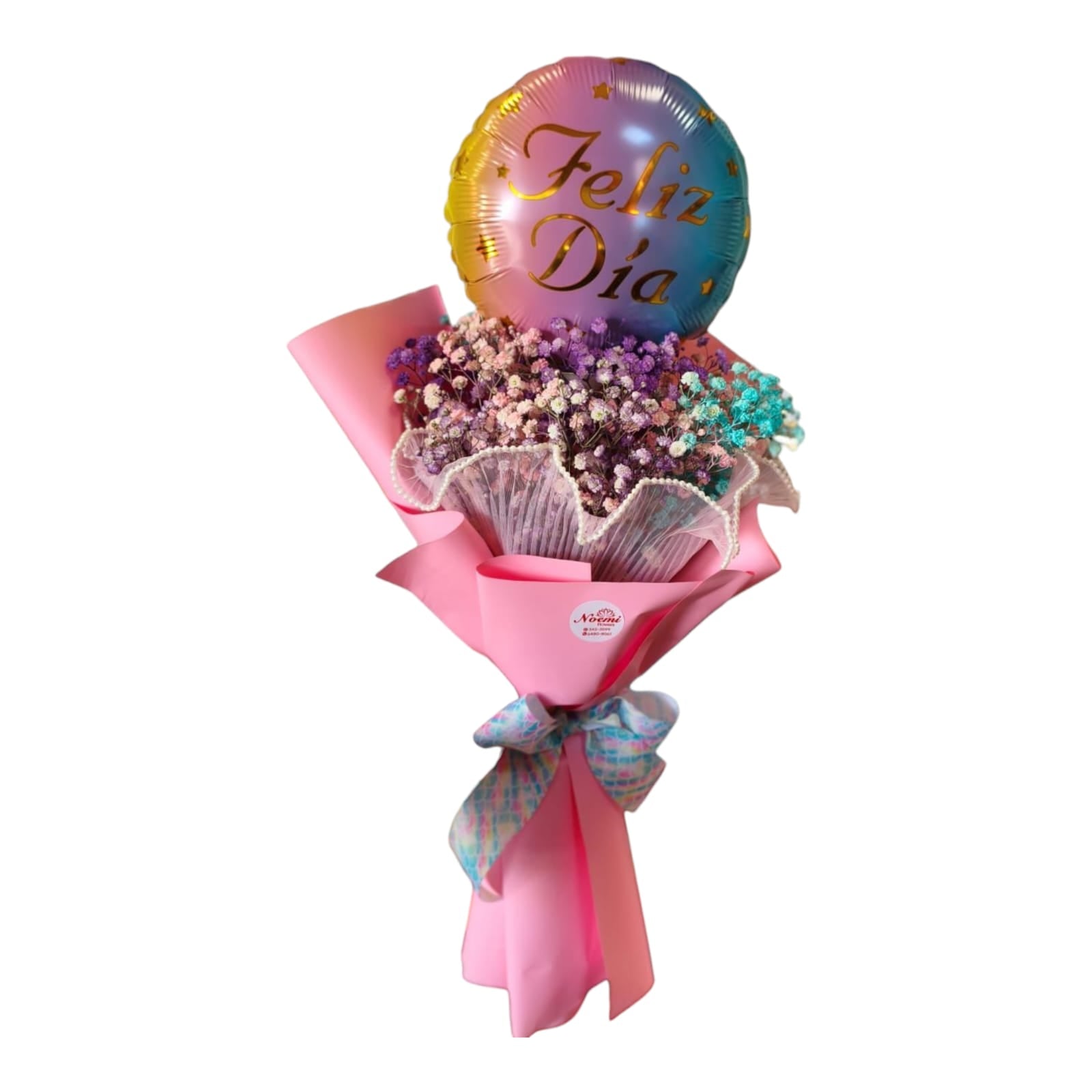 Ramo de Gipsófila multicolor que captura la esencia del arcoíris, acompañado de un globo de 9 pulgadas Floristería Noemi Flowers