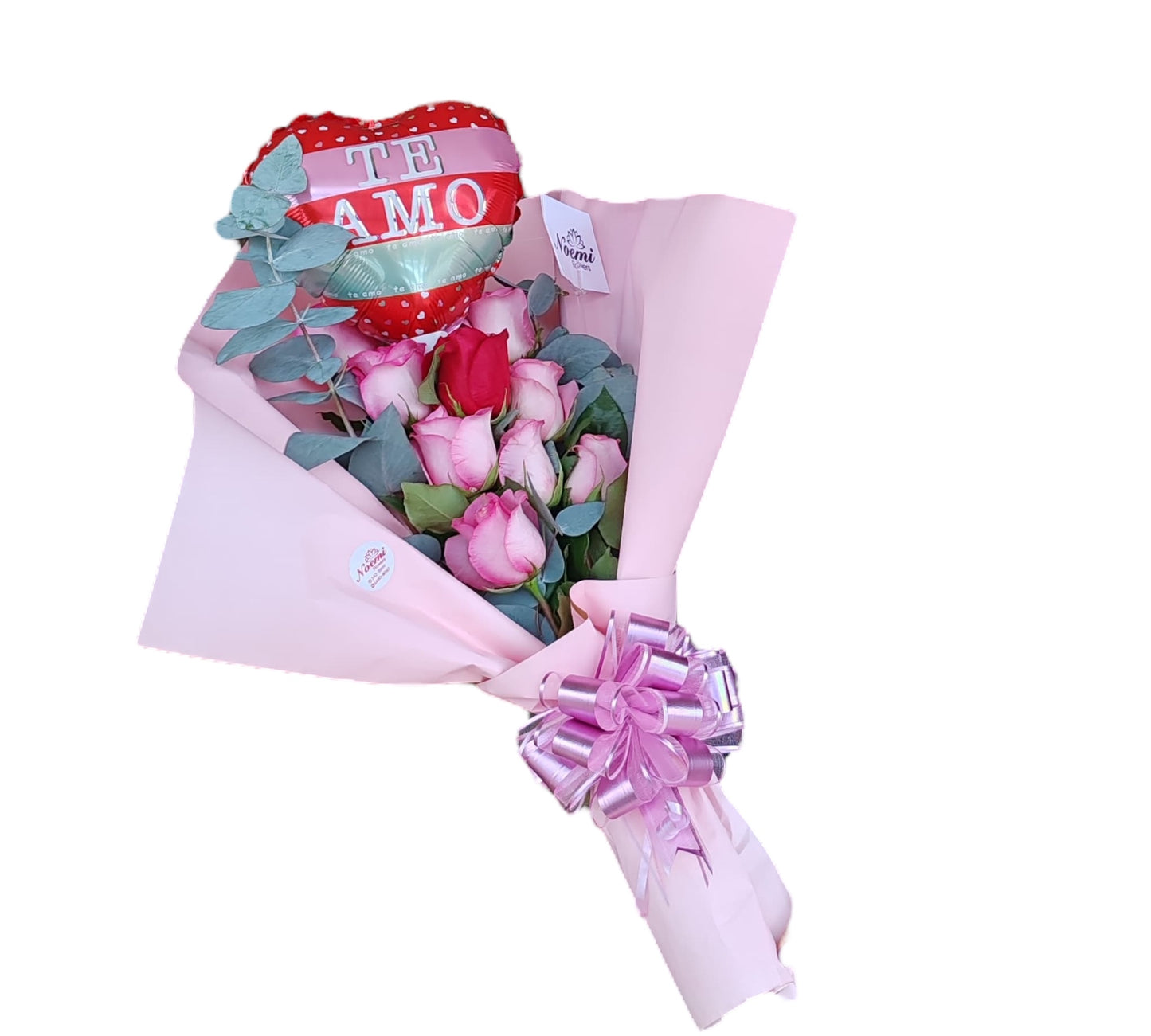 Bouquet de 9 rosas y follaje con un globo chico
