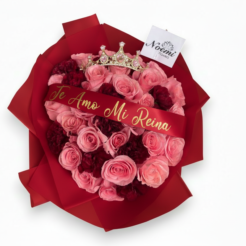 Bouquet de rosas rosadas y claveles rojo vino con diadema y cinta personalizada - Floristeria Noemi Flowers