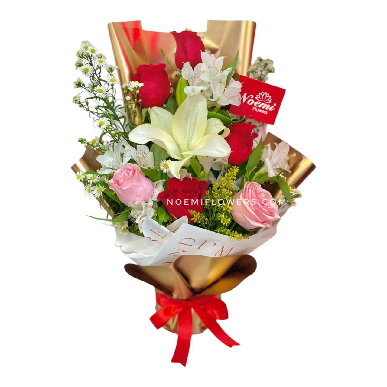Bouquet de rosas, lirio y astromelias - Floristería Noemi Flowers. 