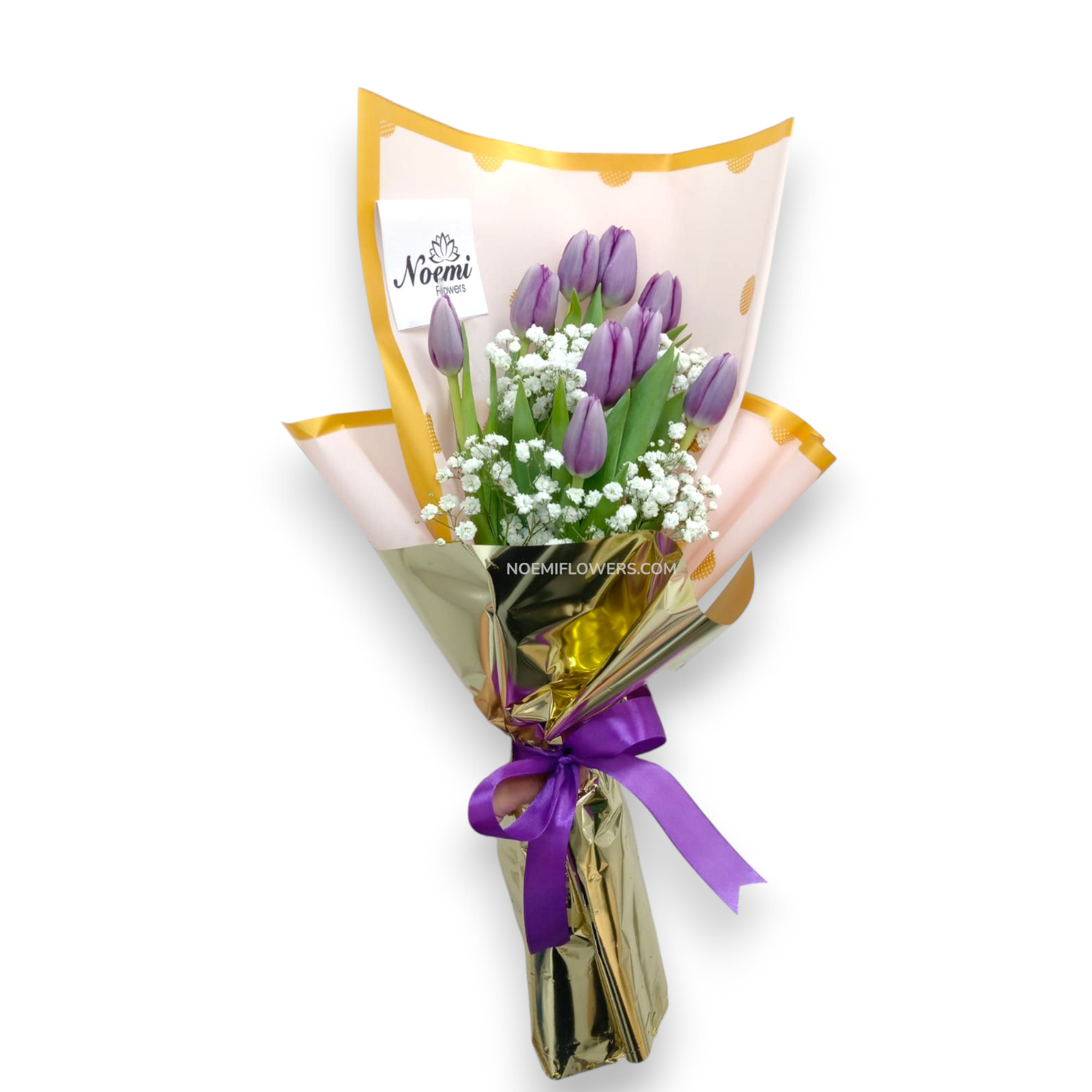 Bouquet de 10 Tulipanes púrpura envueltos en papel decorativo - Floristería Noemi Flowers