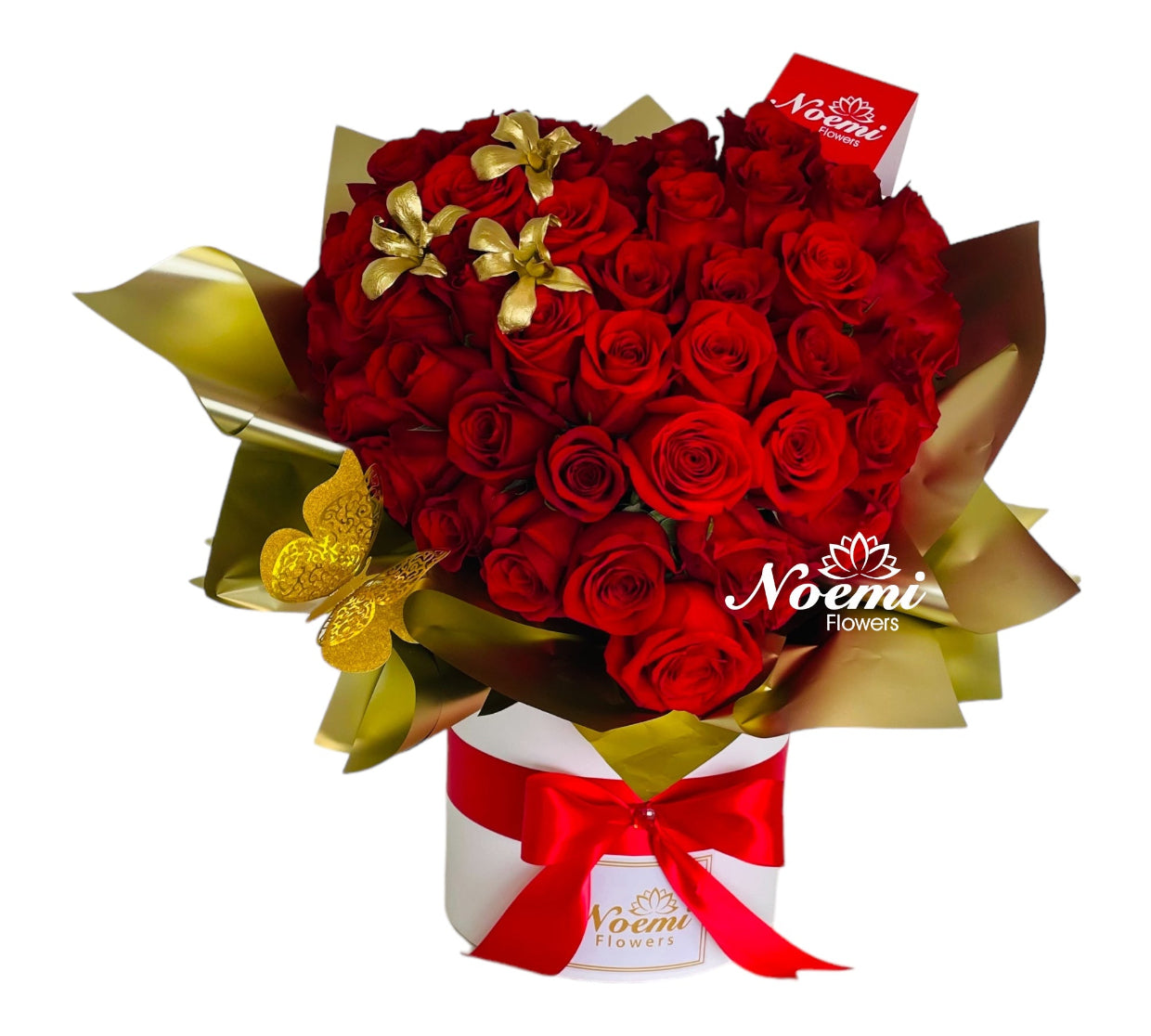 Caja de rosas rojas en forma de corazón con 60-65 flores premium. - Floristería Noemi Flowers