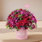 Caja de rosas, minirosas, claveles, hipericum, orquidea y follajes - Floristería Noemi Flowers.