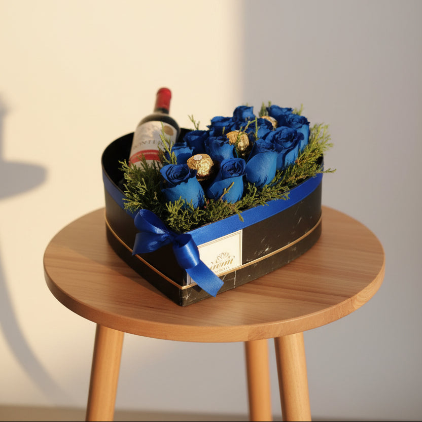 Caja Rosas Azules y Vino - Floristería Noemi Flowers