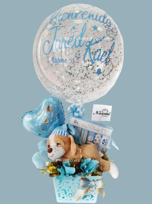Arreglo para bebé con globo personalizado peluche y detalles para bebé- Floristería Noemi Flowers