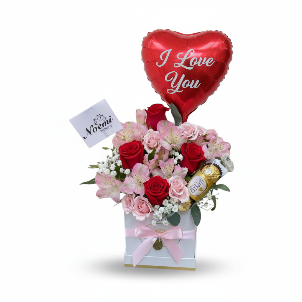 Arreglo floral, Rosas, mini rosas rosadas y astromelias frescas se combinan con follaje elegante, acompañadas de chocolates Ferrero Rocher y un globo de 9 pulgadas. Floristería Noemi Flowers
