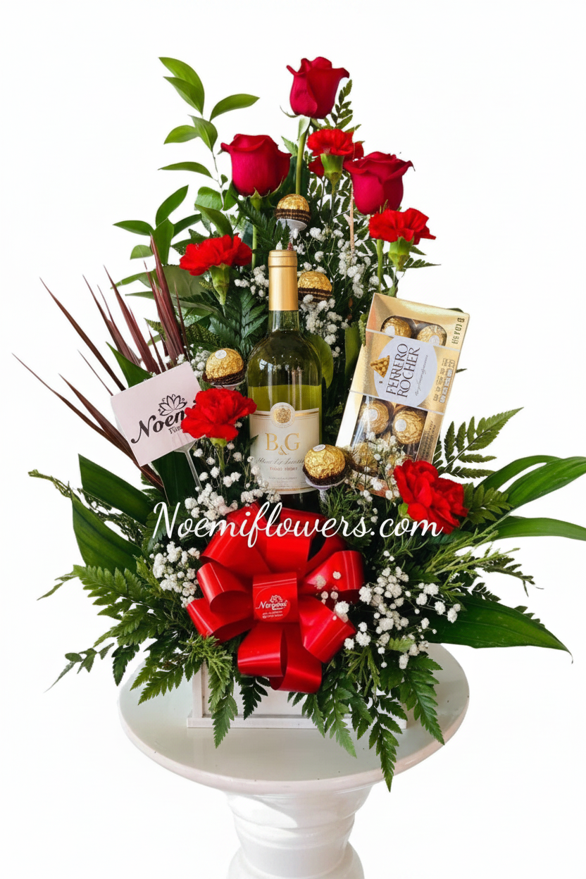 Arreglo cor rosas y claveles bombones y botella de vino - Floristería Noemi Flowers