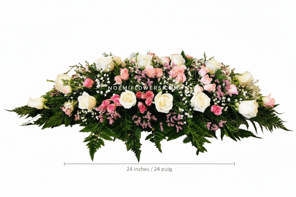 Centro de mesa alargado con rosas frescas, mini rosas y follaje variado - Floristería Noemi Flowers