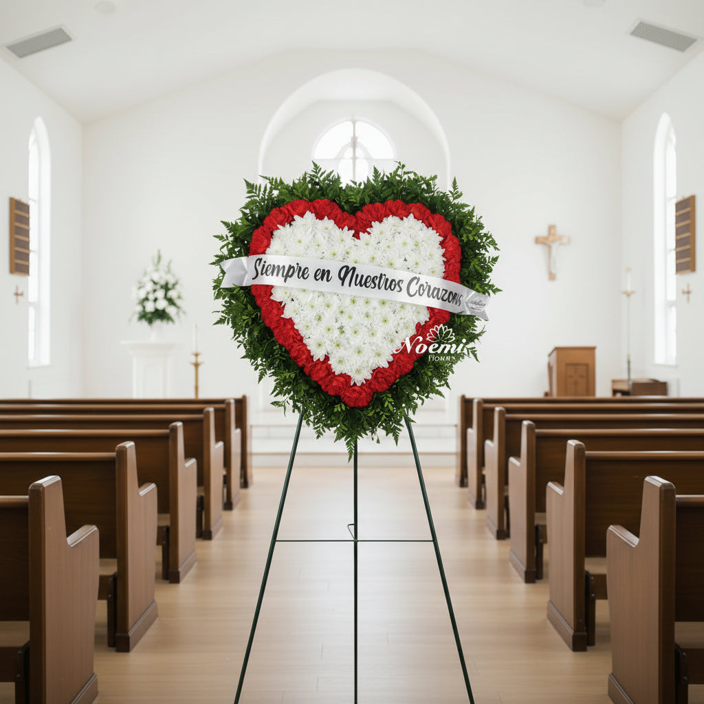 Corona fúnebre de 14 pulgadas con crisantemos, claveles y follaje variado - Floristería Noemi Flowers.