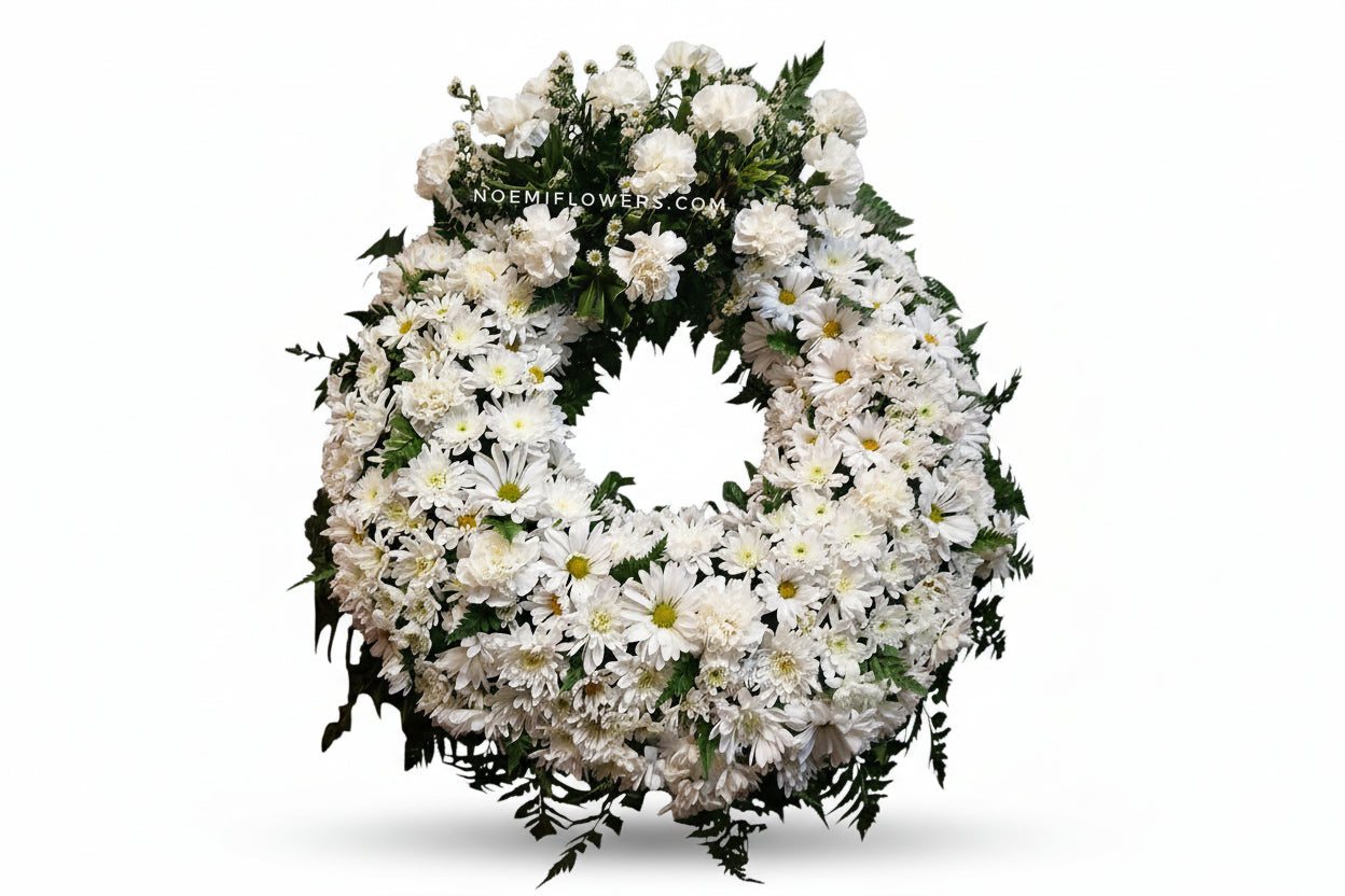 Corona Funebre con margarita y claveles blancos - Floristeria Noemi Flowers