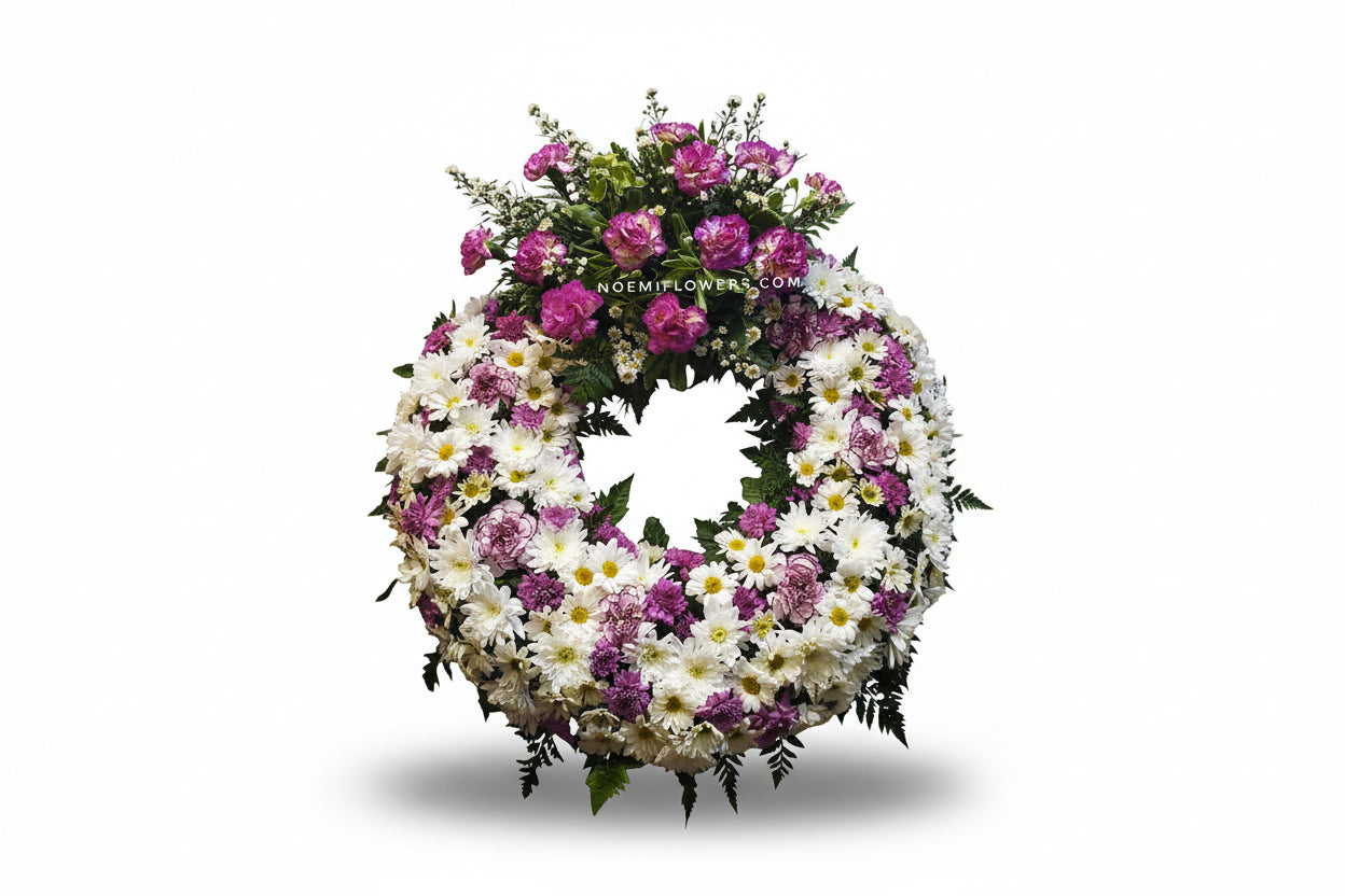 Corona Funebre con margarita y claveles lila - Floristeria Noemi Flowers