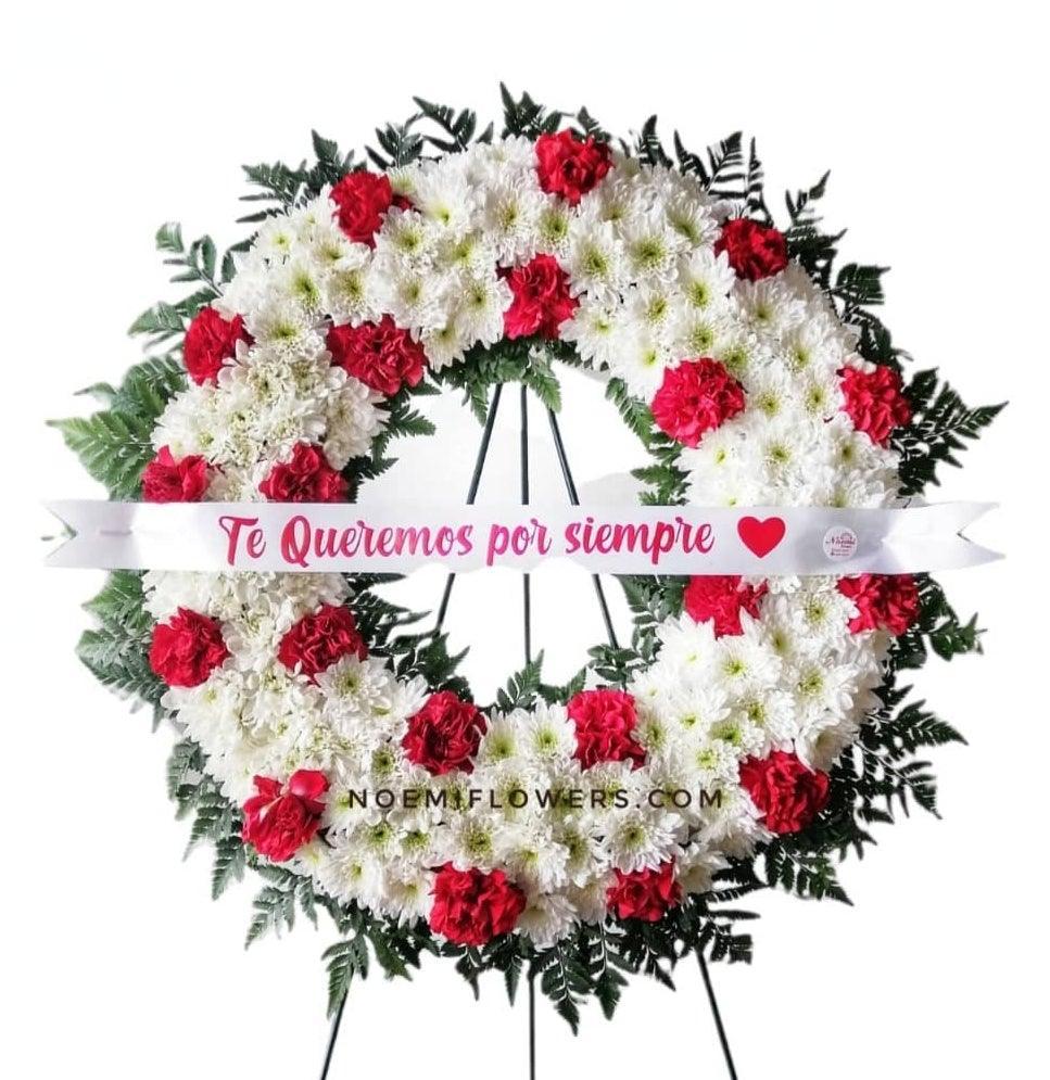 Corona Funebre con Claveles rojos y Crisantemos  - Floristería Noemi Flowers