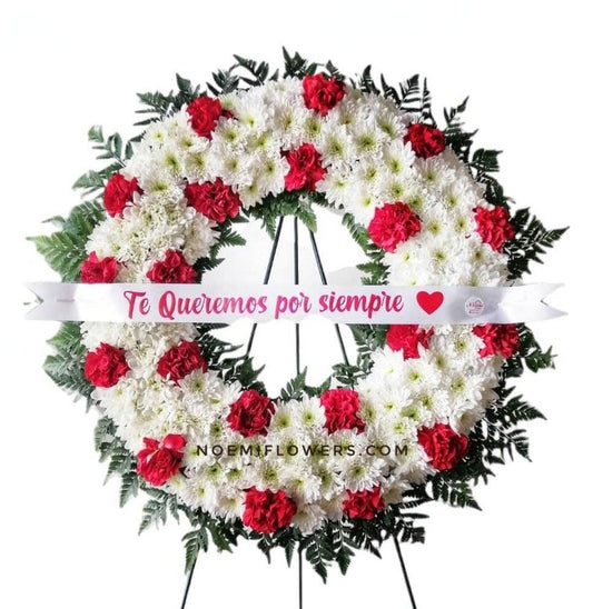Corona Funebre con Claveles rojos y Crisantemos  - Floristería Noemi Flowers