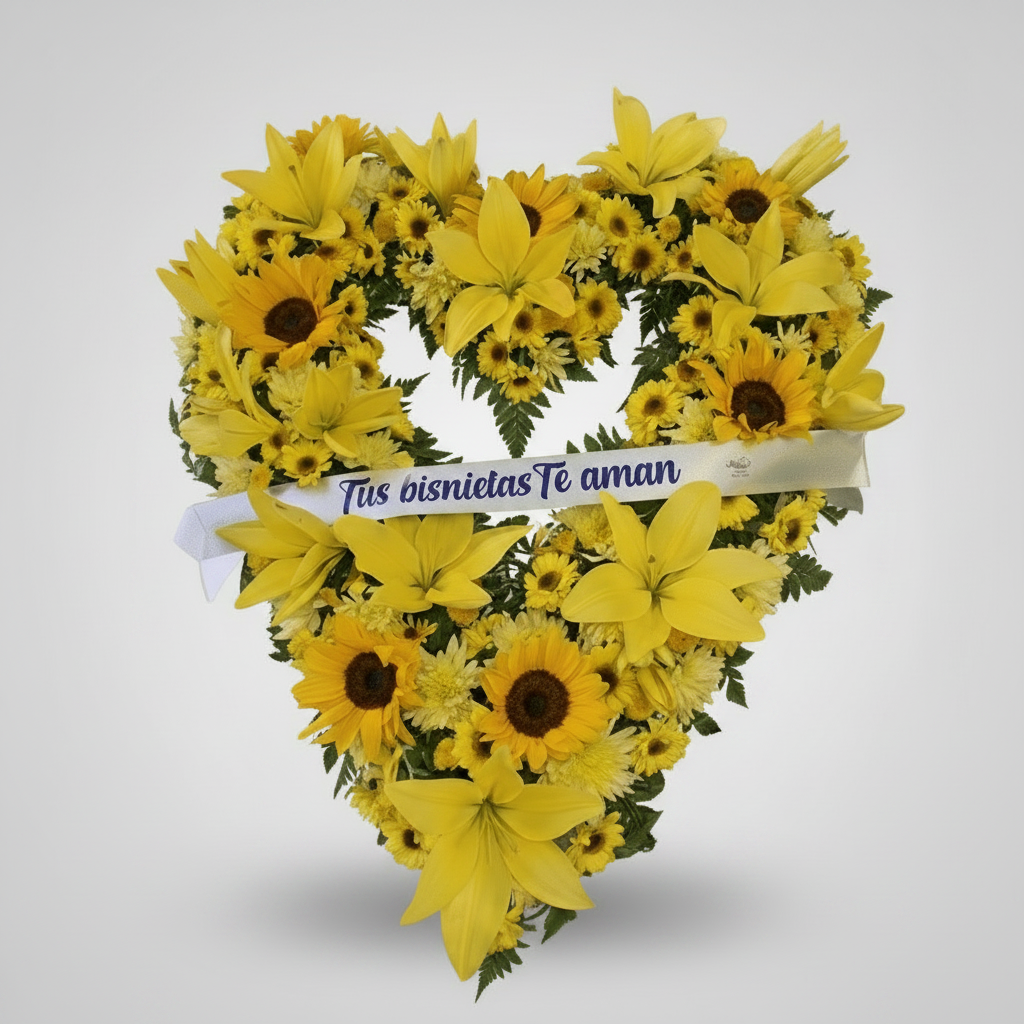 Corona en forma de corazon con girasoles, crisanetmos y lirios amarillos- Floristeria Noemi Flowers