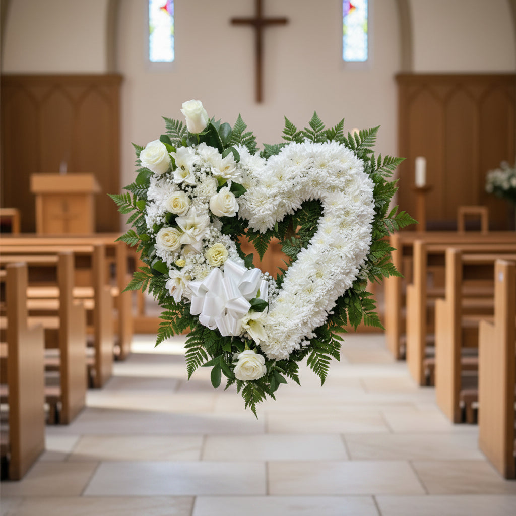 Corona funeraria de corazón de 22 pulgadas. Incluye: Rosas, lirios, claveles, crisantemos y follaje variado con cinta personalizada - Floristería Noemi Flowers