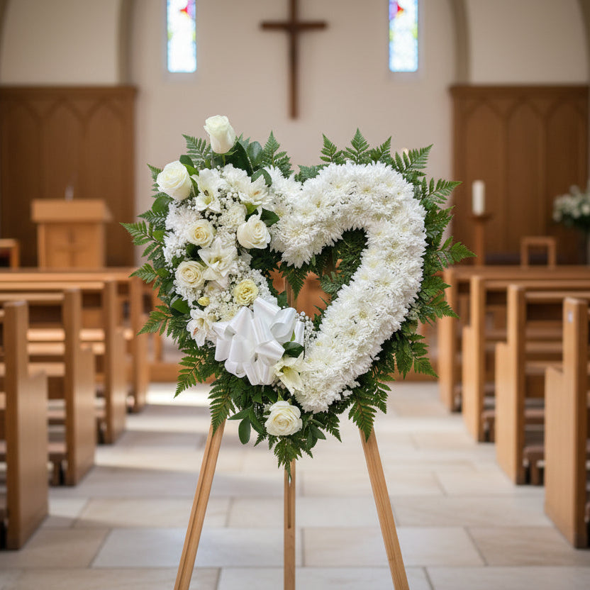 Corona funeraria de corazón de 22 pulgadas. Incluye: Rosas, lirios, claveles, crisantemos y follaje variado con cinta personalizada -  Floristería Noemi Flowers