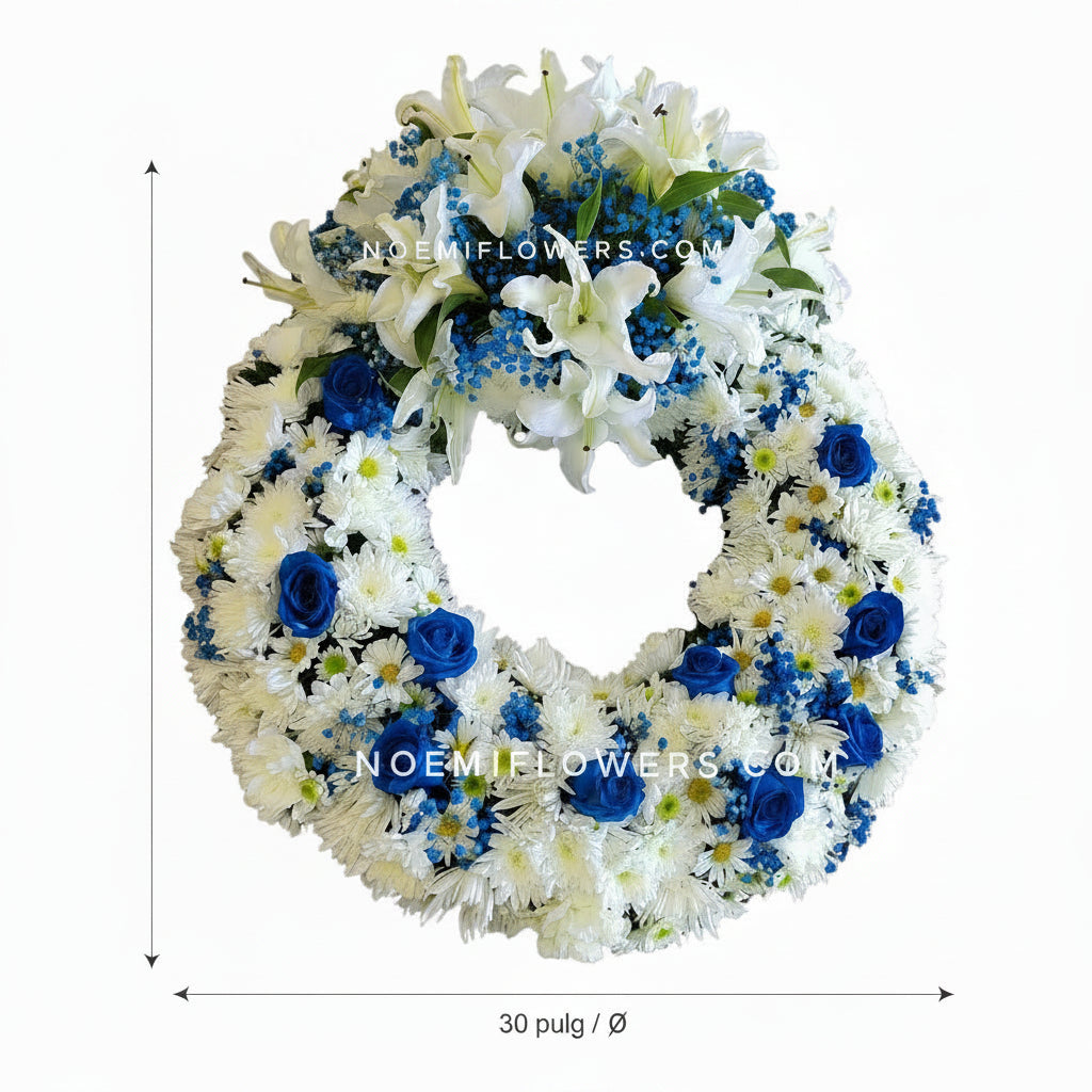 Corona Fúnebre con Crisantemos, Deisys, Rosas azules y lirios blancos - Floristería Noemi Flowers