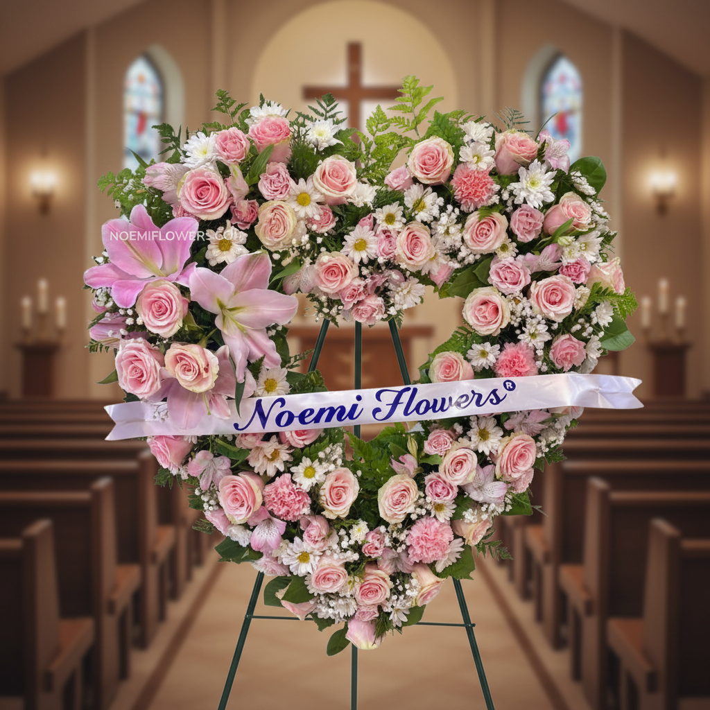 Corona Funebre rosas, mini rosas, claveles y lirios frescos.