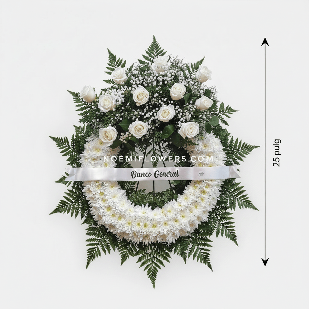 Corona fúnebre con crisantemos y rosas blancas - Floristeria Noemi Flowers