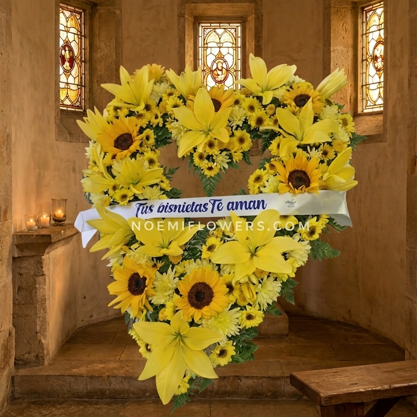 Corona en forma de corazon con girasolesy lirios