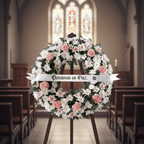 Corona Fúnebre circular con claveles rosados y crisantemos blancos incluye cinta con frase - Floristería Noemi Flowers.